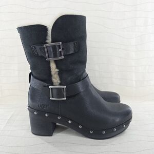 UGG Womens Brea Black Leather Round Toe Studded Buckle Strap Boots 1013054 Sz 7